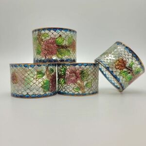 4 Antique Chinese Plique-a-Jour Napkin Rings Cloisonne On Glass Box Set